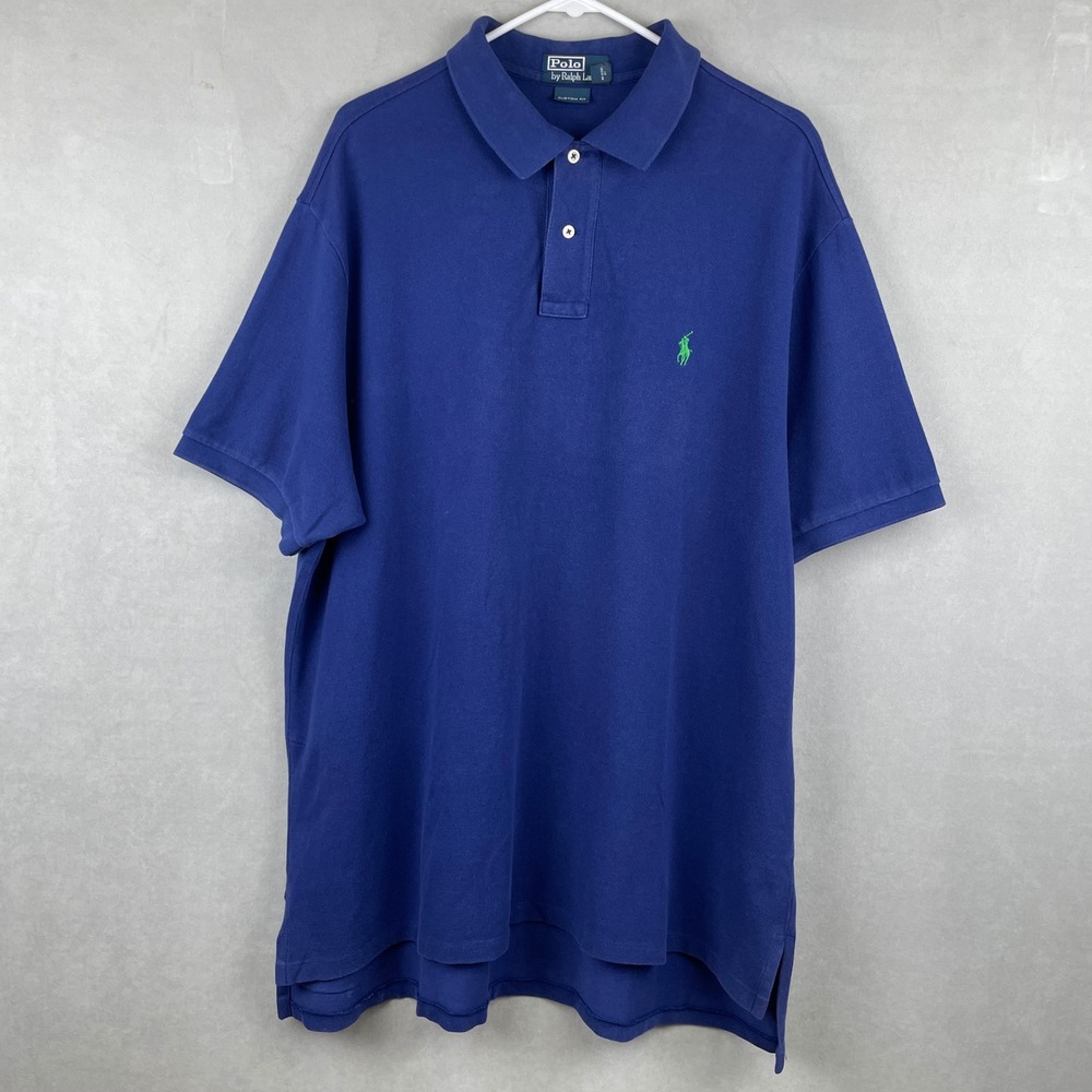 VTG Polo Ralph Lauren XXL Custom Fit Blue S/S Pique Polo Shirt Green Pony Sporty